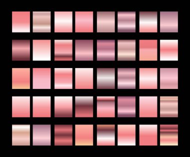 Altın folyo deseni seti. Siyah arka planda izole edilmiş pembe metalik doku koleksiyonu. Vektör illüstrasyonu