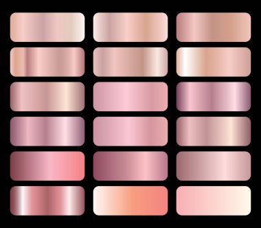 Altın folyo deseni seti. Siyah arka planda izole edilmiş pembe metalik doku koleksiyonu. Vektör illüstrasyonu