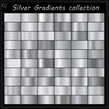 Gümüş koleksiyonu, krom metalik gradyan. Gümüş efektli parlak tabaklar. Vektör illüstrasyonu.