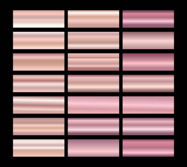 Altın folyo deseni seti. Siyah arka planda izole edilmiş pembe metalik doku koleksiyonu. Vektör illüstrasyonu