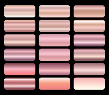 Altın folyo deseni seti. Siyah arka planda izole edilmiş pembe metalik doku koleksiyonu. Vektör illüstrasyonu