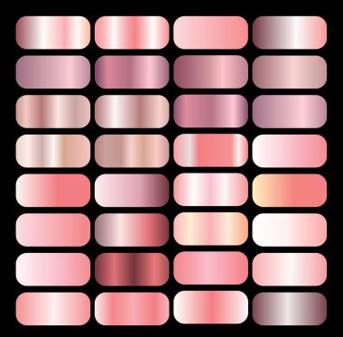 Altın folyo deseni seti. Siyah arka planda izole edilmiş pembe metalik doku koleksiyonu. Vektör illüstrasyonu