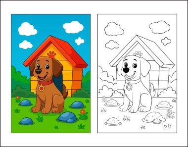 Çocuklar için basılabilir şirin köpek boyama sayfası. Bahçe Çizgi Filmi Ana Hattı Vektörü Bebek Köpek. Hayvan Çizgi Filmi Çizimi