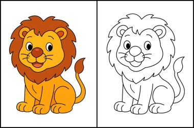 Çocuklar için şirin aslan çizgi film karakteri çizimi sayfa vektör illüstrasyonunu boyama