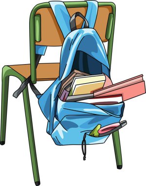 school bag hanging on chair with books inside clipart