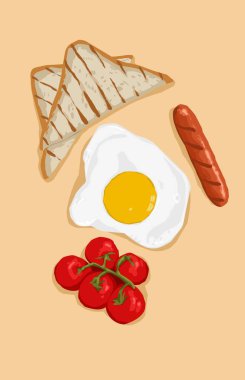 Kızarmış yumurta, kızarmış beyaz ekmek. Kahvaltıda sosis ve domates.