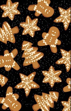 Tatlı zencefilli bisküviler, siyah ve şekerli Noel ağacı yıldızları.