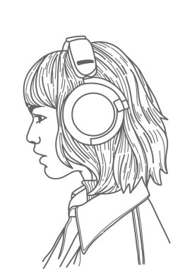 Kulaklık takan siyah beyaz çizgili kız müzik aletini dinle.