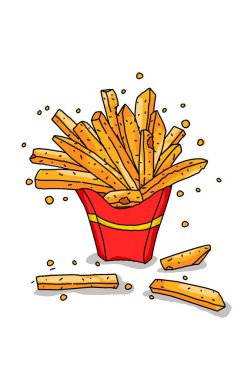 Patates kızartması kırmızı sarı karton kutuda, beyaz karton kutuda. 