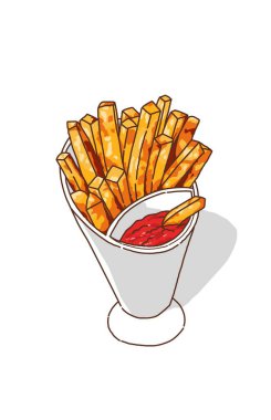 Beyaz bardakta patates kızartması ve domates sosu.
