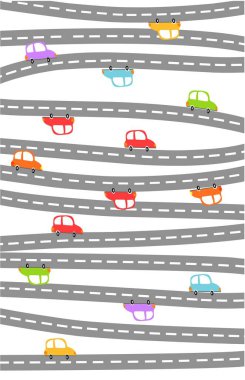 Renkli araba kitaplarının arka planına sahip şirin düz yol çizimi 