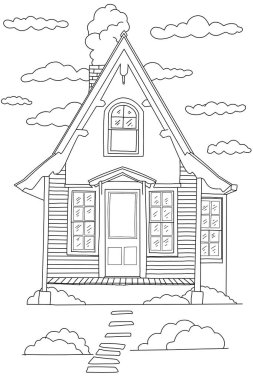 Siyah beyaz çizgiler. Çocuklar için ahşap ev ve gökyüzü nesnesinin boyama sayfası