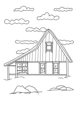 Karda ahşap evin beyaz ve siyah çizgilerini çiziyorum. Doğa boyama kitabı