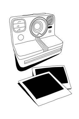 Çizgi sanatı Polaroid kamera siyah beyaz çizim. Renkli nesne retro