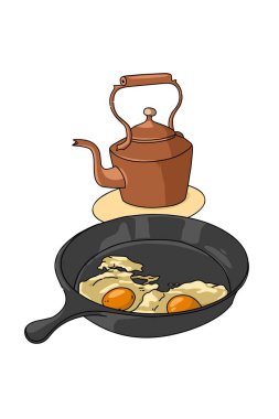Kızartma tavasında yumurta ve kahvaltı için çaydanlık. Beyaz arka planda yemek çizimi. 