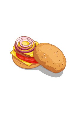 Hamburger eti, mozarella peyniri, domates soğanı ve çörek sokak yemeği.