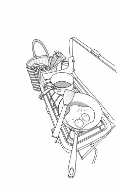 Taşınabilir gaz sobası seyahat tavası ve kızarmış yumurta çizim çizimi.
