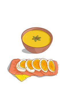Kasede leziz bir çorba, haşlanmış yumurta ve jambon. Yemek sanatı