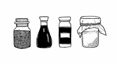 Beyaz üzerine izole edilmiş çeşitli baharat şişeleri. 