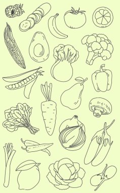Sebze ve meyve boyama sayfası sarı arkaplan üzerine