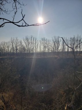 İlkbahar. Orman kemeri ufukta vadinin arkasında.