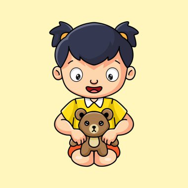 Oyuncak ayıyı kucağında tutan tatlı küçük kız çizgi filmi.