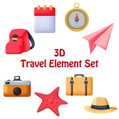 3D seyahat ögesi ayarlandı. Beyaz arkaplanda izole