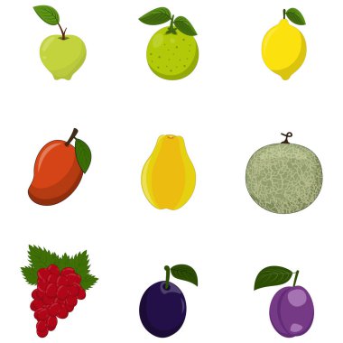 Yeşil elmalar, limonlar, papayalar, kavunlar, kırmızı üzümler, erikler ve daha fazlası içeren düz çizgi film tarzında meyve çizimleri..