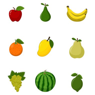 Elmalar, muzlar, portakallar, karpuzlar, mangolar ve diğerleri gibi çeşitli taze meyvelerin vektör çizimleri koleksiyonu.
