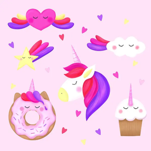 set of cute unicorns with rainbow, hearts, stars and clouds. hand - drawn vector illustration.