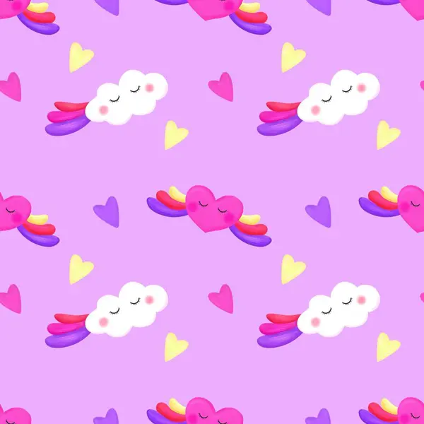 seamless pattern of cute cartoon clouds with hearts. Seamless pattern set love sky kids
