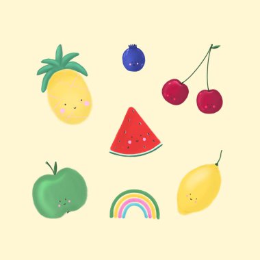 Bir dizi tatlı çizgi film meyvesi