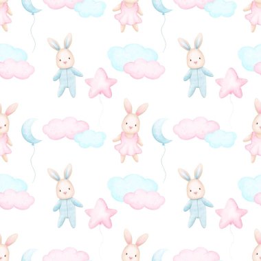 Suluboya tavşan deseni. Elle çizilmiş tavşan deseni. Fiyonklu sevimli tavşan..