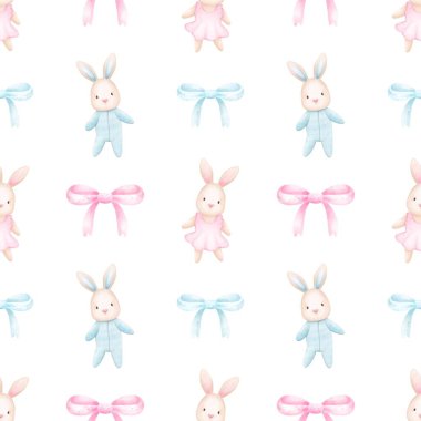 Suluboya Paskalya tavşanı deseni. Sevimli tavşan ve tavşanla el boyanmamış desen. Beyaz arka planda izole edilmiş. Tebrik kartları, baskı, kumaş tekstili için