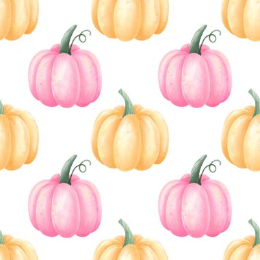 Kabaklı kusursuz desen, sonbahar yaprakları, suluboya arka plan, elle çizilmiş suluboya illüstrasyon, cadılar bayramı, sonbahar sezonu, şükran günü, tatil