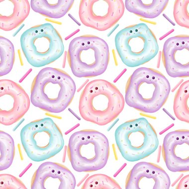 Tatlı donut ve vektör illüstrasyonlu kusursuz desen