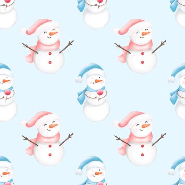 Kardan adam ve Noel ağaçlarıyla kusursuz bir düzen. Kar taneleri ile vektör arkaplanı.