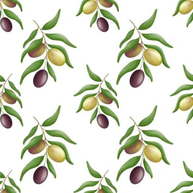 Yeşil zeytinli ve yapraklı kusursuz desen. Suluboya el resmi çizimi.
