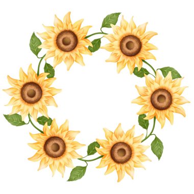 suluboya ayçiçekleri ve beyaz arkaplanda yapraklar.