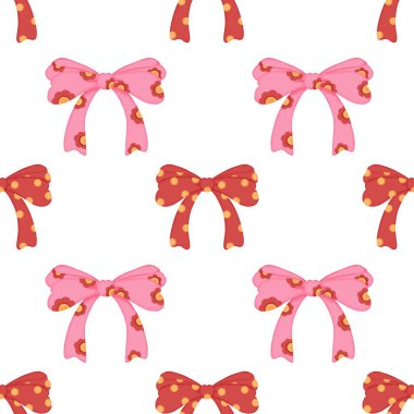 Pembe kurdeleli pembesiz desen beyaz arka planda izole edilmiş, yumuşak kız eğiliyor estetik, basılabilir dijital kağıt arka plan. Kumaş, ambalaj kağıdı, hatıra defteri için..