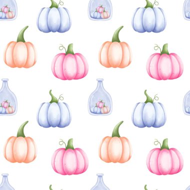  Cadılar Bayramı kabaklarıyla kusursuz desen. Suluboya arka plan. El çizimi suluboya. Kumaş, ambalaj kağıdı, hatıra defteri için..