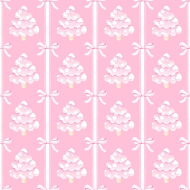  Pembe kurdeleli kusursuz desenli estetik Noel ağaçları. Kumaş, ambalaj kağıdı, hatıra defteri için. Noel ve Yeni Yıl için şirin estetik suluboya deseni.