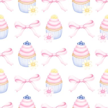  Tatlı tatlı kek suluboya, meyve ve böğürtlen desenli, çiçeklerle süslenmiş ve fiyonklu. Kumaş, ambalaj kağıdı, hatıra defteri için tatlı desen.