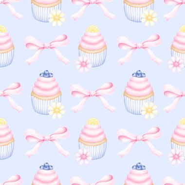  Tatlı tatlı kek suluboya, meyve ve böğürtlen desenli, çiçeklerle süslenmiş ve fiyonklu. Kumaş, ambalaj kağıdı, hatıra defteri için tatlı desen.