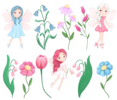 Şirin küçük periler suluboya resimler. Çocuk sanat eserleri, duvar kağıtları, posterler, tebrik kartları baskıları. Bahçe elfi, fantezi kızları, karakterler