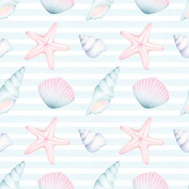 Deniz kabuğu izi yok. Dekoratif deniz unsurlarıyla suluboya deseni. Kumaş, ambalaj kağıdı, hatıra defteri için pastel desen.
