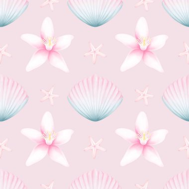  Deniz kabuğunun dikişsiz suluboya deseni, denizyıldızı. El çizimi suluboya çizimi. Kumaş, duvar kağıdı ve tekstil için deniz tropik baskısı.