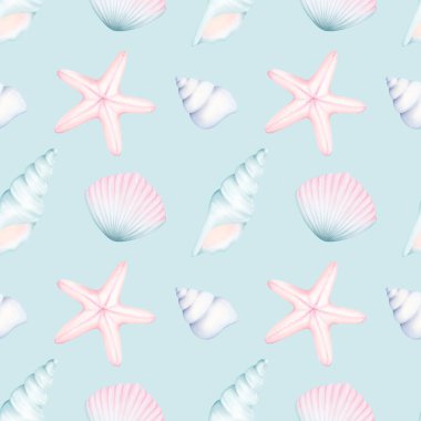Deniz kabuğu izi yok. Dekoratif deniz unsurlarıyla suluboya deseni. Kumaş, ambalaj kağıdı, hatıra defteri için pastel desen.