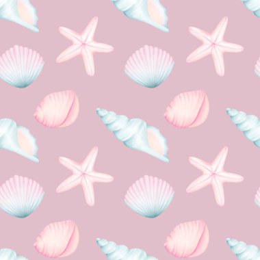 Deniz kabuğunun dikişsiz suluboya deseni, denizyıldızı. El çizimi suluboya çizimi. Kumaş, duvar kağıdı ve tekstil için deniz tropik baskısı.