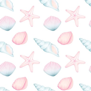  Deniz kabuğunun dikişsiz suluboya deseni, denizyıldızı. El çizimi suluboya çizimi. Kumaş, duvar kağıdı ve tekstil için deniz tropik baskısı.